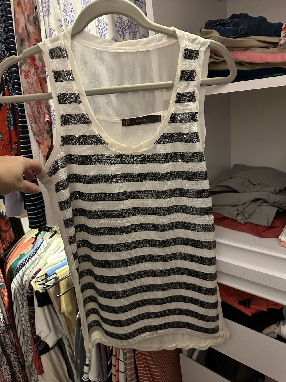 The Limited Navy Blue & White Sequin Striped Tank